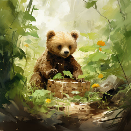 Cute brown bear sitting in the grass.の素材