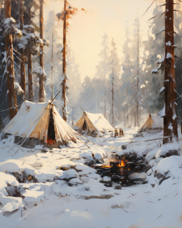 Camping in the woods on a frosty winter day.の素材