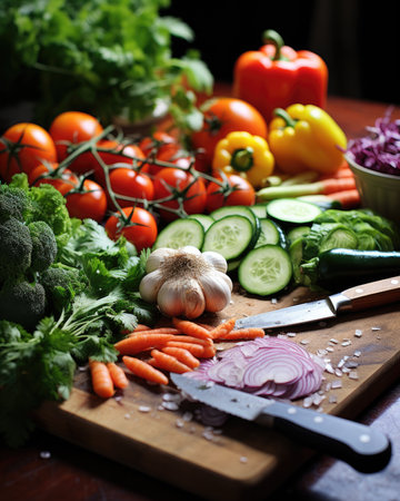 Fresh vegetables on cutting board with knife. Healthy food background. Selective focus.の素材