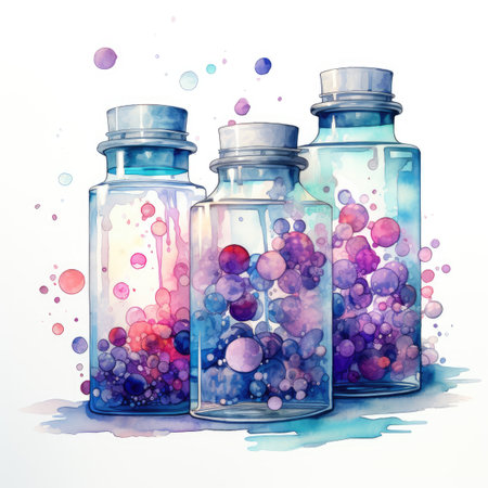 Watercolor Vials with watercolor paint and bubbles.の素材