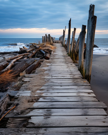 Wooden pier on the beach at sunsetの素材