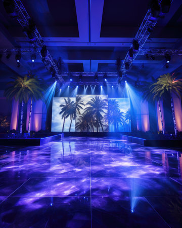 stage lighting effect in the dark with palm trees and rays of lightの素材