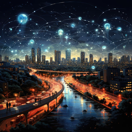 Smart city and wireless communication network over the road at night as conceptの素材