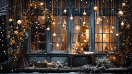 Christmas decoration in the window of a house with snow and lights.の素材
