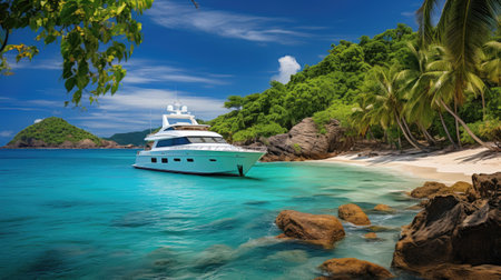 Panoramic view of luxury yacht in turquoise seaの素材