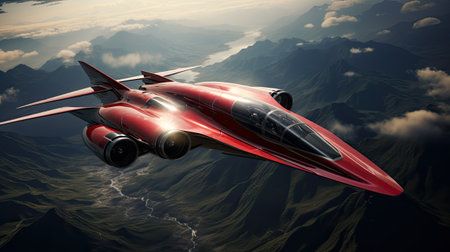 Futuristic aircraft flying in the sky.の素材