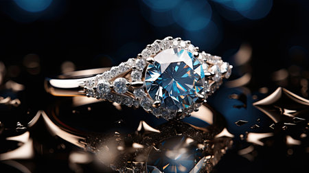 Jewelry ring with blue diamond on black background, close upの素材