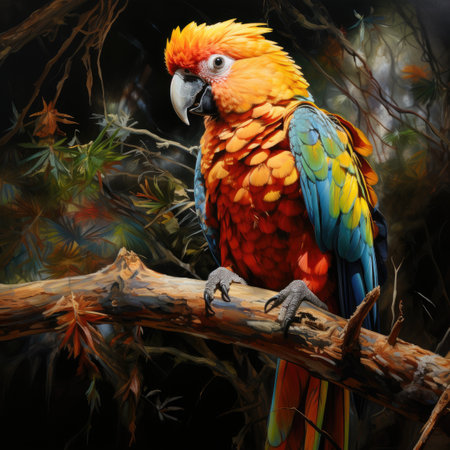 Colorful macaw parrot sitting on a branch in the forestの素材