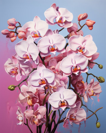Bouquet of pink orchids on a blue background.の素材