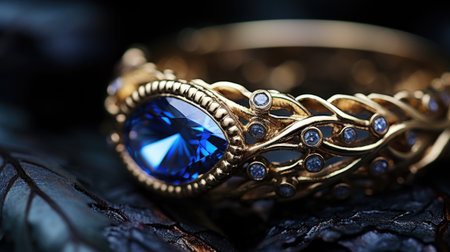 Jewelry ring with blue sapphire on a dark backgroundの素材