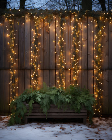 Wooden bench with christmas lights in front of a wooden wallの素材