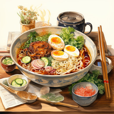 japanese ramen noodle soup with egg and vegetables on wooden tableの素材