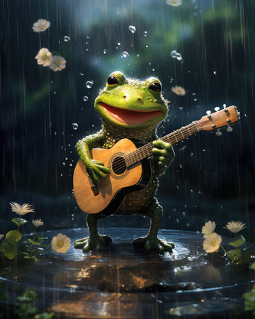 Frog playing guitar in the rain with a beautiful flower background.の素材