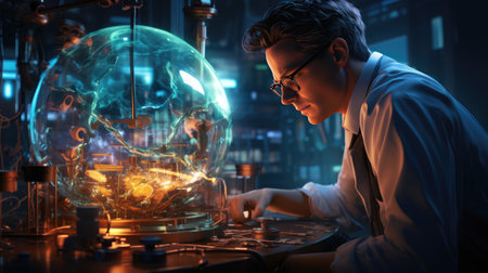 Young scientist working on a computer in a laboratory.の素材