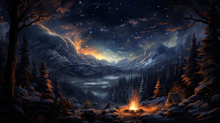 Fantasy night landscape with a bonfire in a snowy forest.の素材