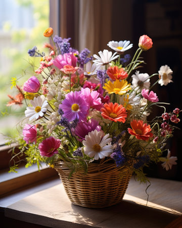 Colorful bouquet of flowers in a basket on the windowsillの素材
