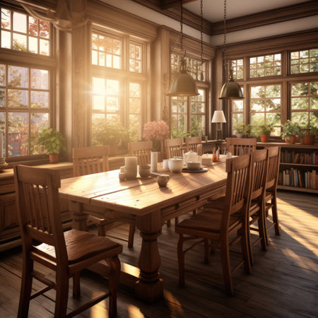 Interior of the dining room with wooden table and chairs.の素材