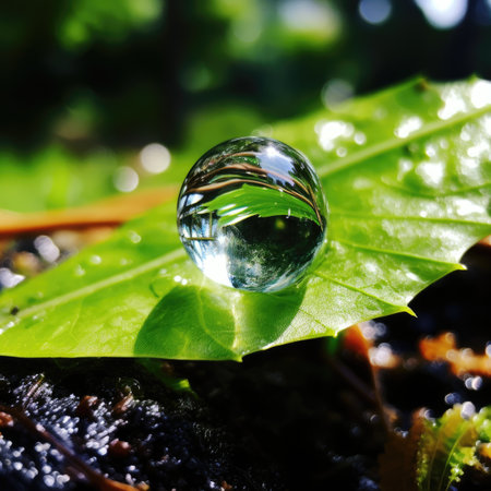 Water drop on a green leaf in the forest. Shallow depth of fieldの素材