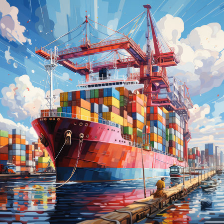 Container Cargo freight ship with working crane bridge for Logistic Import Export background illustrationの素材