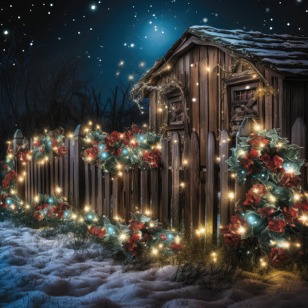 Wooden house with christmas wreath on the fence at nightの素材