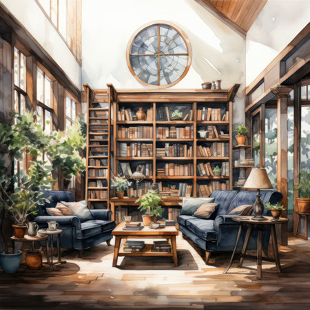 Interior of a living room with a bookcase and a sofaの素材