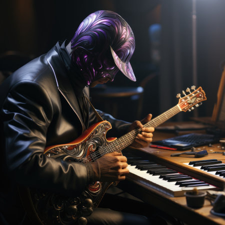 Young man playing electric guitar in dark room. Music and hobby concept.の素材