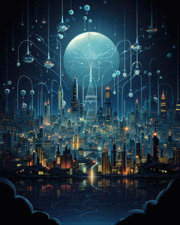 Night city and full moon. Futuristic concept.の素材