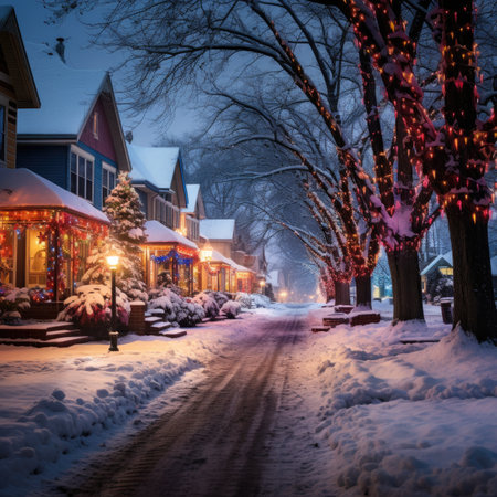 Winter landscape with snow covered trees and street lights at night. Christmas scene.の素材