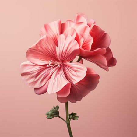 Pink geranium flowers on a pink background. Flat lay, top view.の素材