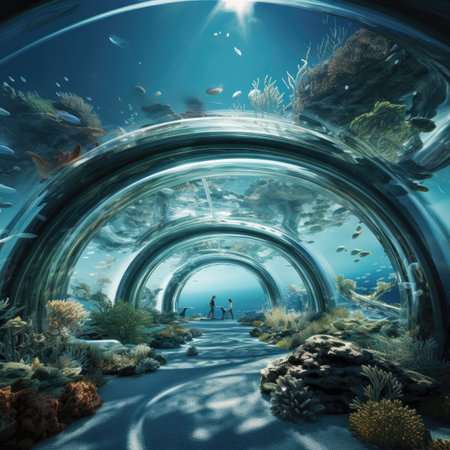 Underwater tunnel with two people walking on the path.の素材