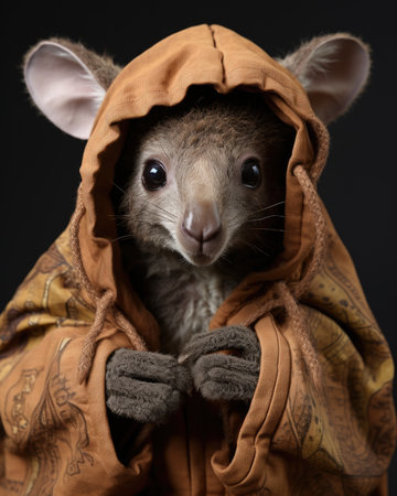 Cute baby kangaroo in hood, isolated on black backgroundの素材