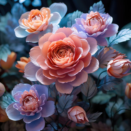 Beautiful artificial flowers. Floral background. Close-up.の素材