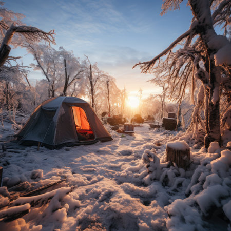 Camping in the winter forest. Camping in the winter forest.の素材