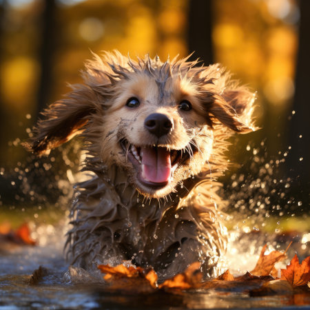 Golden Retriever playing in the autumn park and splashing waterの素材