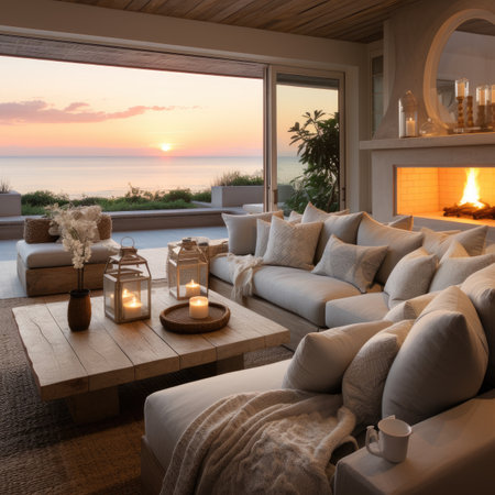 Cozy living room with a view of the sea.の素材