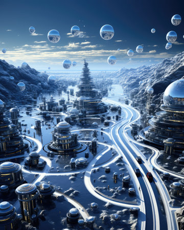 Fantasy city with a road and a lot of soap bubbles.の素材