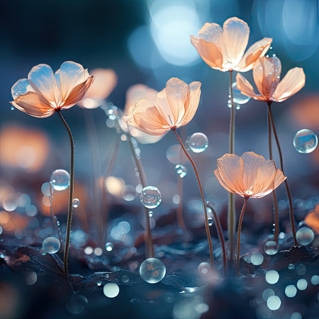 beautiful flowers with dew drops on the background of blue skyの素材
