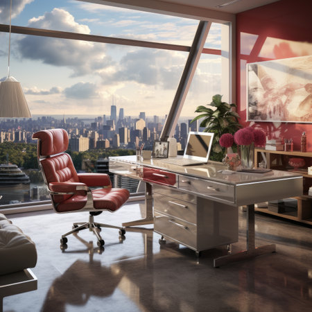 modern office interior with city view and red chairの素材