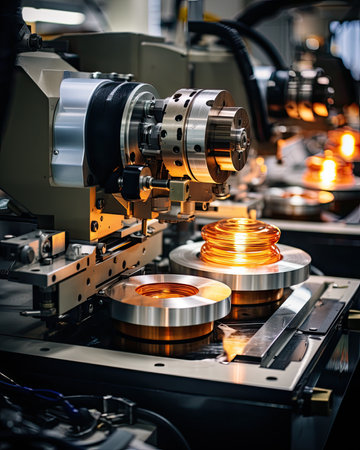 The CNC lathe machine cutting the sheet metal. The hi-technology automotive part manufacturing process.の素材