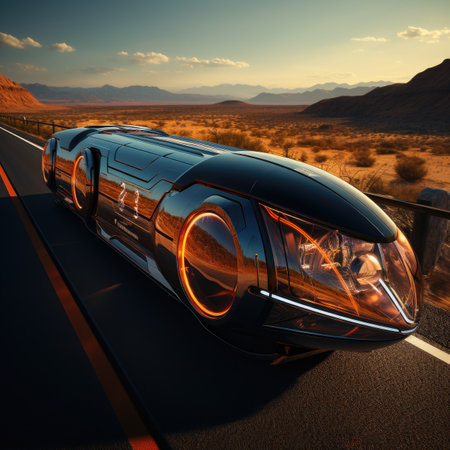 Futuristic car on the road in the desert.の素材