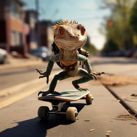 Lizard on a skateboard in the city.の素材