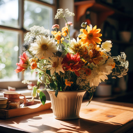 Bouquet of flowers in a vase on the windowsillの素材