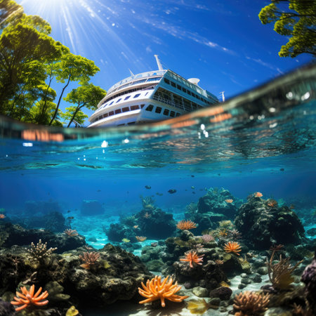 Cruise ship and coral reef underwater in the tropical sea with sunlightの素材