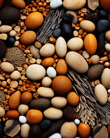 Background made of different types of nuts and seeds. Top view.の素材