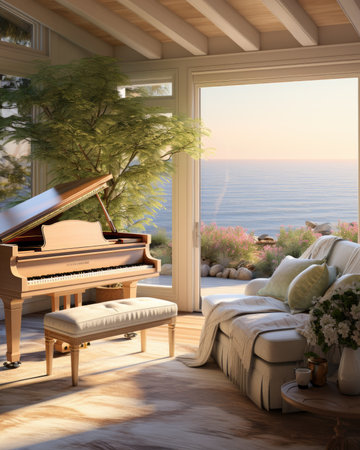 a living room with a beautiful view of the seaの素材