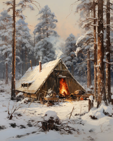 Wooden hut in the winter forest. Winter landscape with a fireplace.の素材