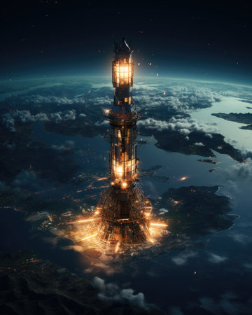 a lighthouse on the background of the night skyの素材