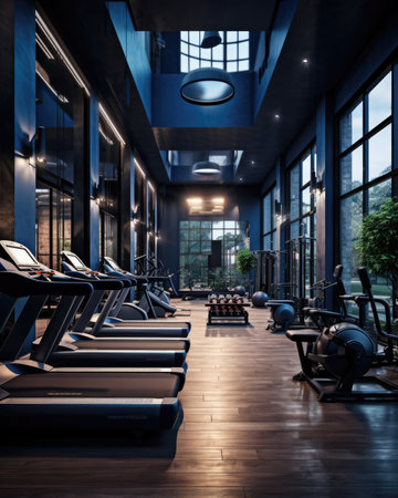 Interior of a modern gym with fitness equipment.の素材