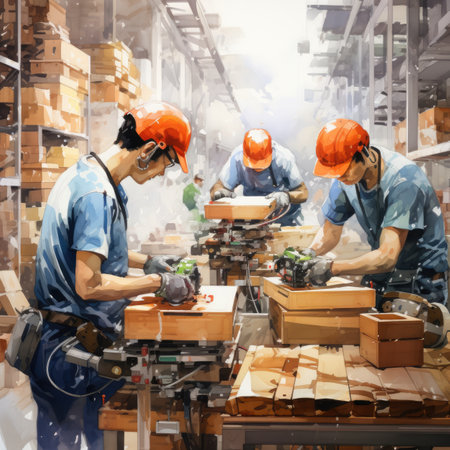 factory workers working in warehouse.の素材