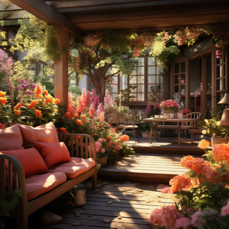 Beautiful garden with flowers and cozy furniture on the terrace.の素材